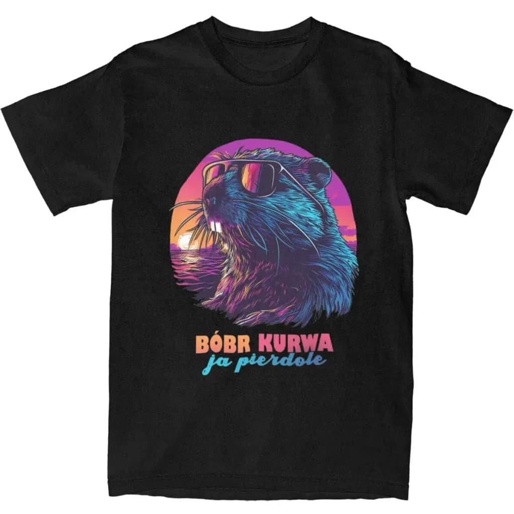 Koszulka dla par Bober Kurwa - synthwave, letnia